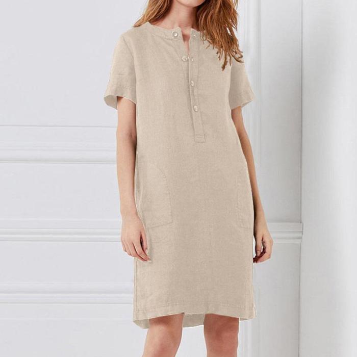 New Women's Dress Cotton and Hemp Loose Button Short Sleeve Medium and Long Home Leisure Dress