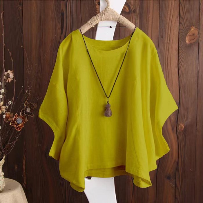 Fashion Cotton Linen Loose Solid Color Doll Sleeve Crew Neck  Blouses