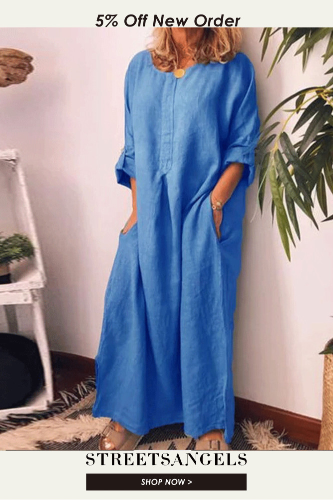 Fashion Cotton Linen Solid Color Loose Round Neck Irregular Dress
