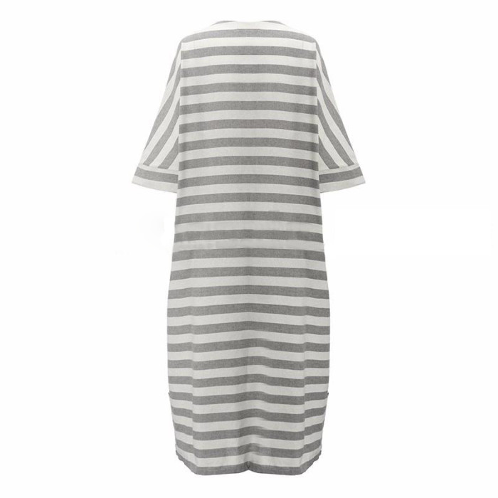 Cotton Linen Striped Loose Casual Fashion Boho  Maxi Dress