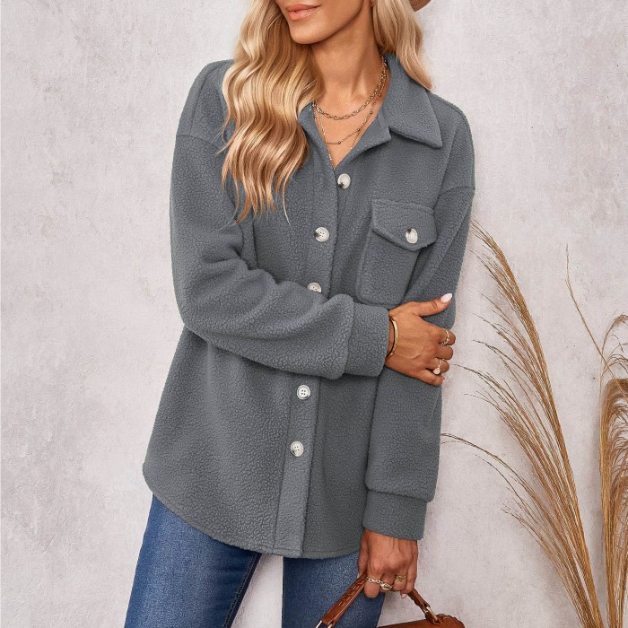 Women Long Sleeve Solid Color Pocket Fashion Casual Button Jacket