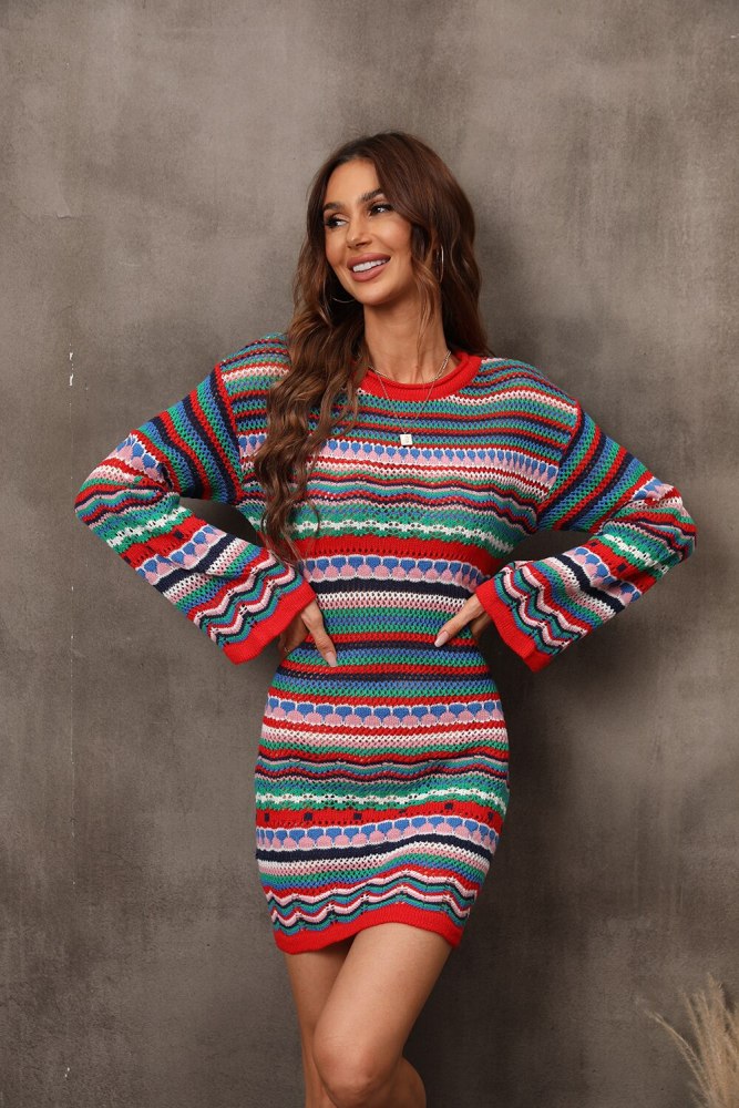 Trendy O-Neck Cutout Panel Rainbow Knit Mini  Sweater Dress
