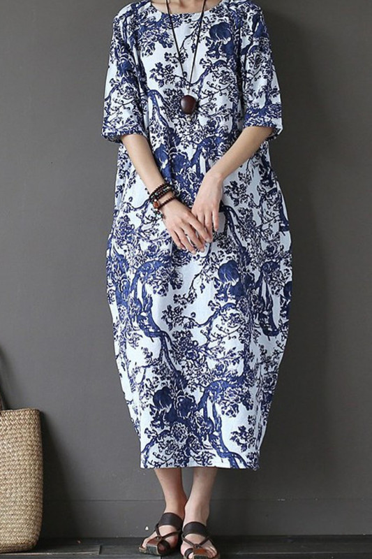 Cotton and Linen Vintage Print Half Sleeve O Neck Loose Ethnic  Midi Dress