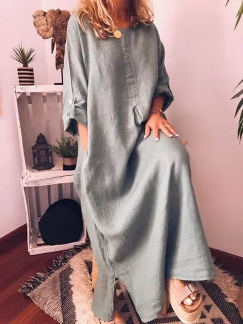 Fashion Cotton Linen Solid Color Loose Round Neck Irregular Dress