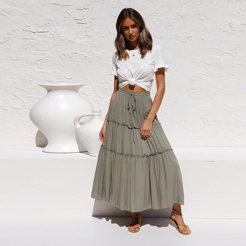 Elastic waist Ruffles Casual Solid Cotton Boho Skirts