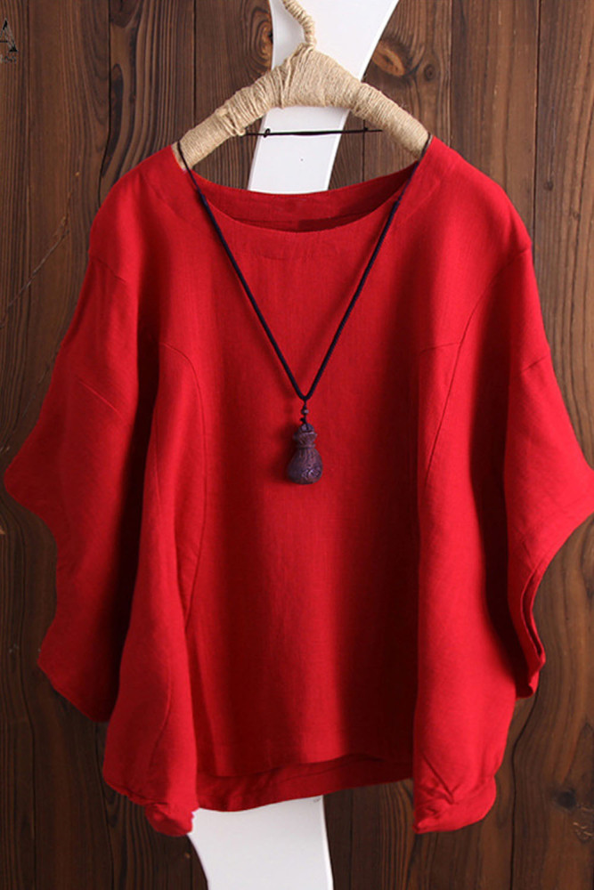 Fashion Cotton Linen Loose Solid Color Doll Sleeve Crew Neck  Blouses