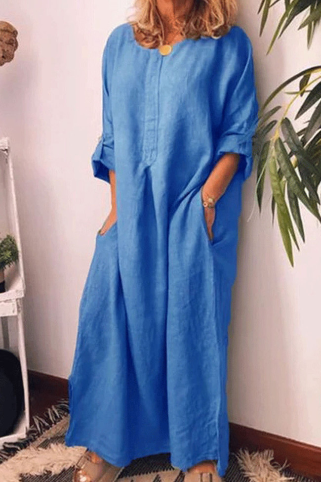 Fashion Cotton Linen Solid Color Loose Round Neck Irregular Dress