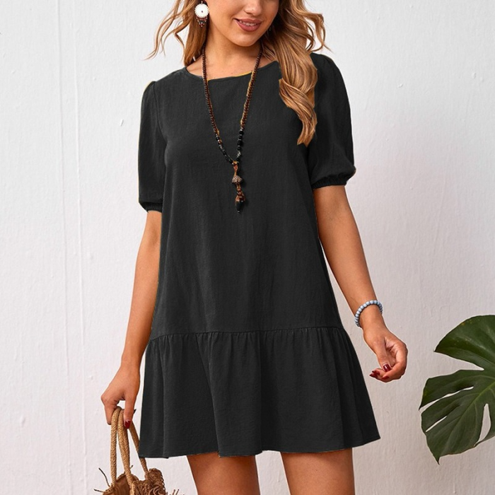 Solid Cotton Linen Short Sleeve O-Neck Loose Casual Mini Dress