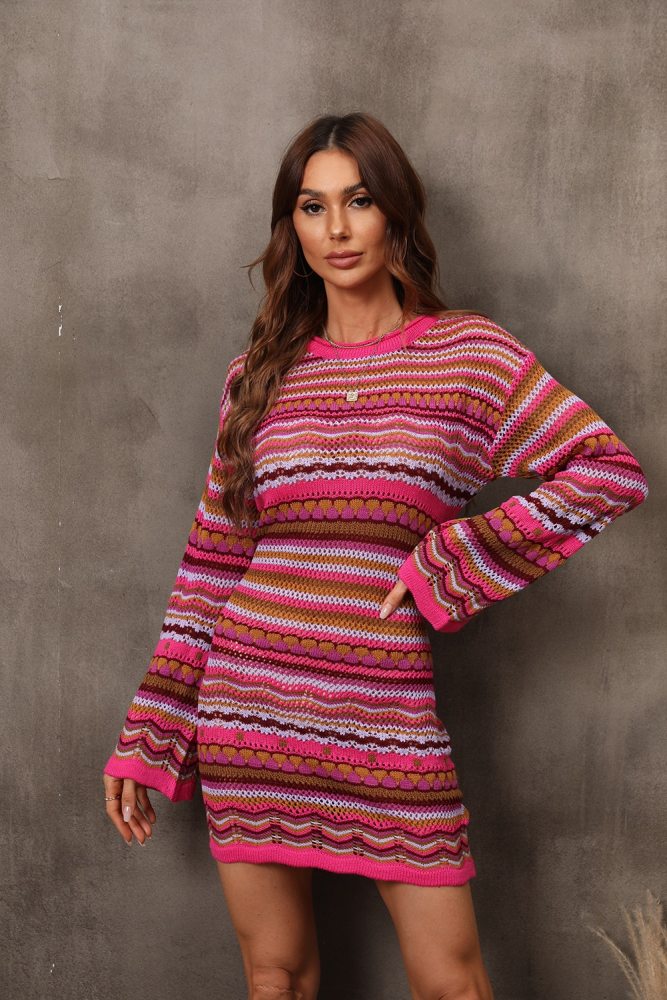 Trendy O-Neck Cutout Panel Rainbow Knit Mini  Sweater Dress