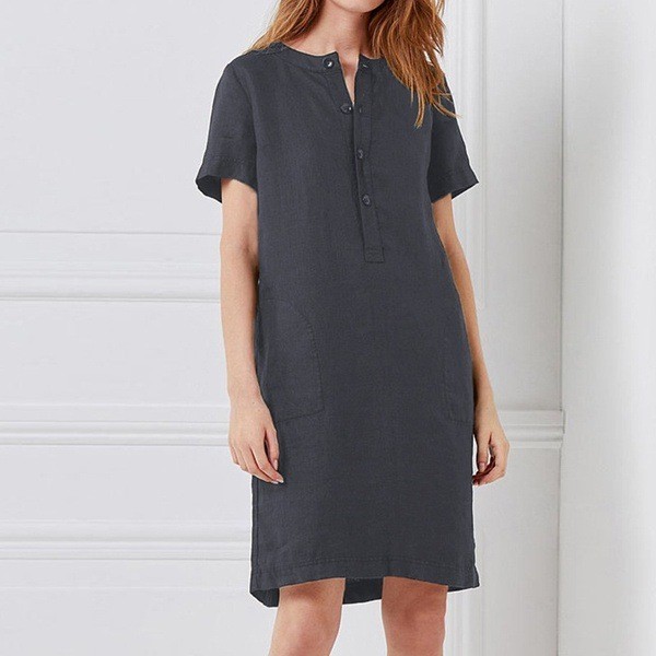 New Women's Dress Cotton and Hemp Loose Button Short Sleeve Medium and Long Home Leisure Dress