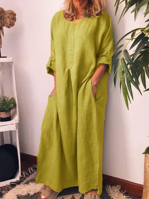 Fashion Cotton Linen Solid Color Loose Round Neck Irregular Dress