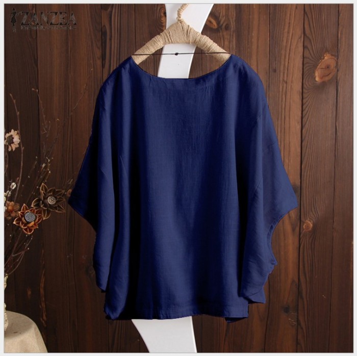 Fashion Cotton Linen Loose Solid Color Doll Sleeve Crew Neck  Blouses