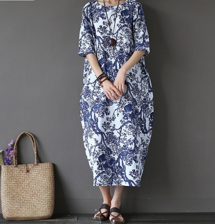 Cotton and Linen Vintage Print Half Sleeve O Neck Loose Ethnic  Midi Dress