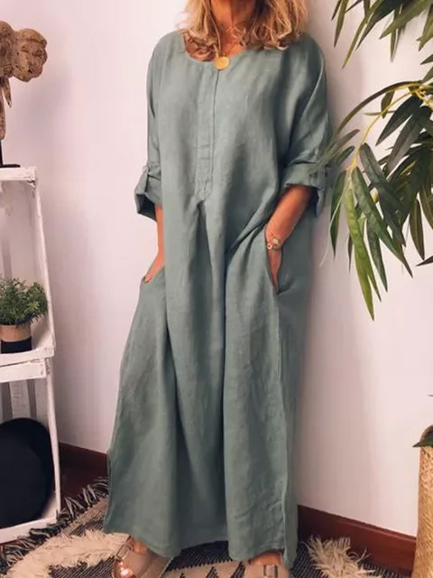 Fashion Cotton Linen Solid Color Loose Round Neck Irregular Dress