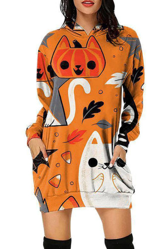 Fashion Loose Long Sleeve V Neck Pocket Halloween Print Casual  Hoodies