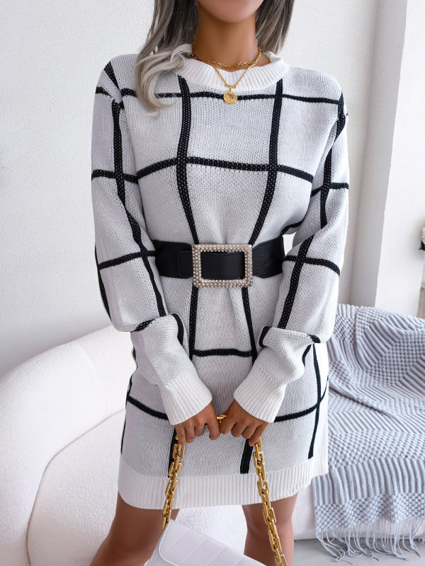 Casual Color Contrast Plaid Long Sleeve Base Fashion Sweater Dresses
