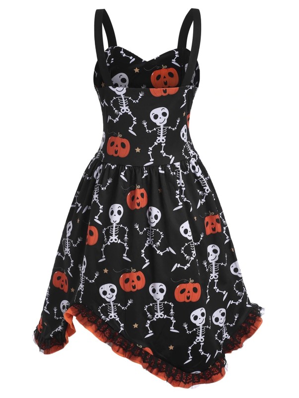 Halloween Pumpkin Skull Print Crew Neck Swing  Vintage Dress