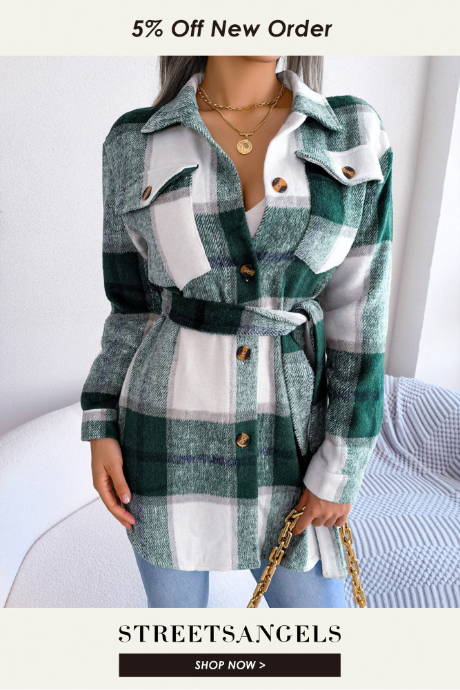 Casual Contrast Color Plaid Long-sleeved Straps Thick Wool Jackets