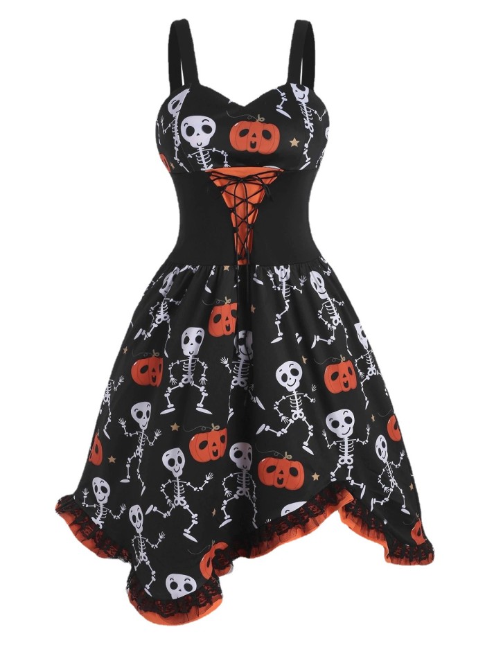 Halloween Pumpkin Skull Print Crew Neck Swing  Vintage Dress