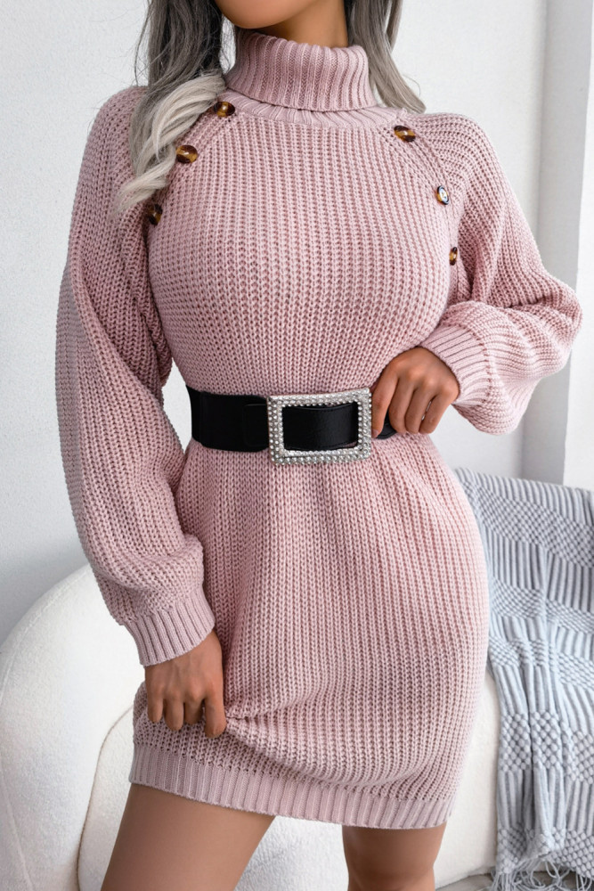 Casual Button High Neck Long Sleeve Base Solid Sweater Dresses