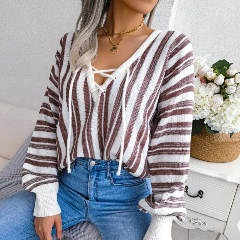 Contrast Stripe Tie Balloon Sleeve Sweaters & Cardigans