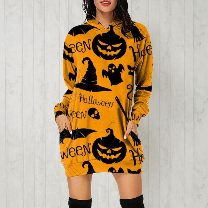 Fashion Loose Long Sleeve V Neck Pocket Halloween Print Casual  Hoodies