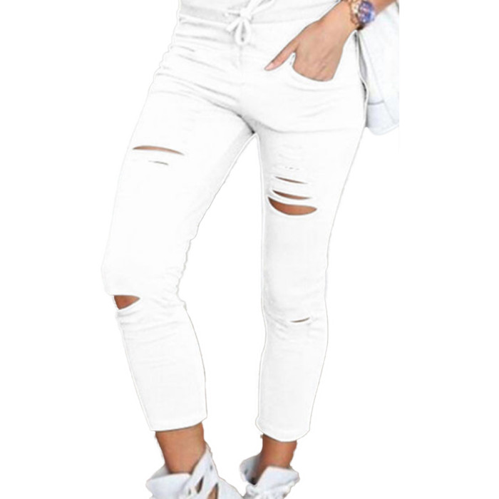 Fashion Solid Color Women's Drawstring High Waist Ripped  Pants