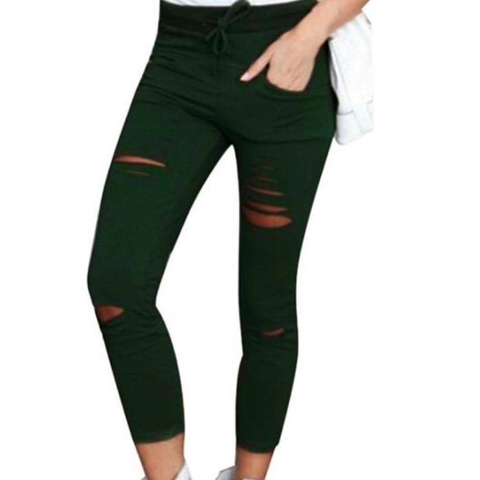 Fashion Solid Color Women's Drawstring High Waist Ripped  Pants