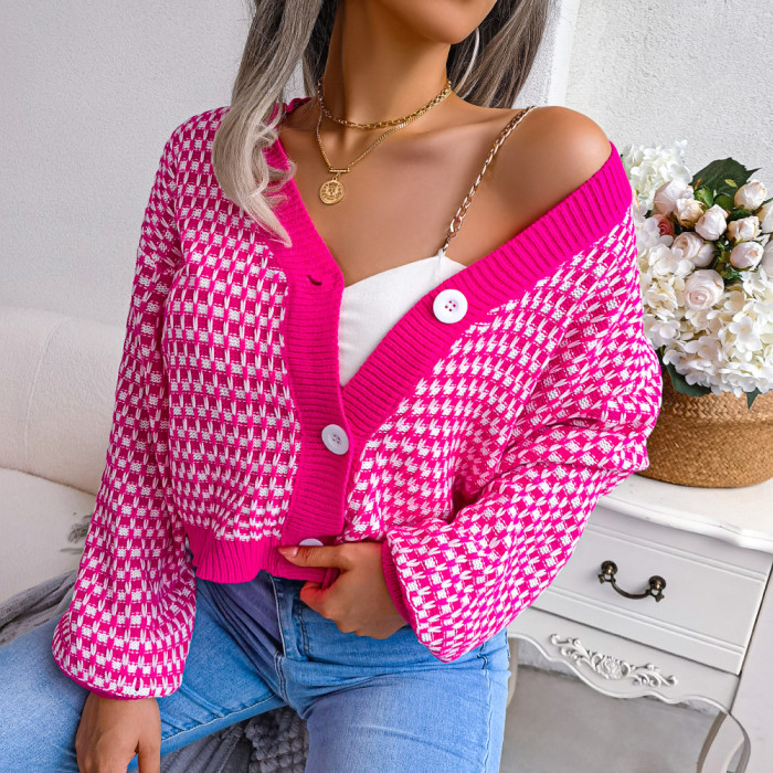 Contrast Plaid Balloon Sleeve V-Neck Single Breasted Sweaters & Cardigans