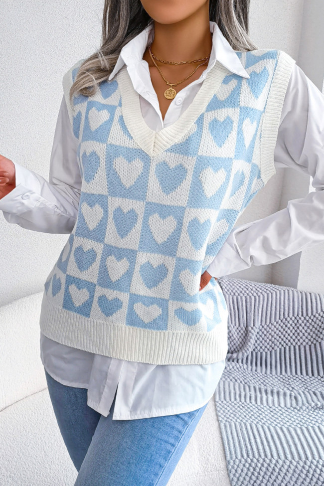 College Style Heart Knit V-Neck Fashion Sweater Vests