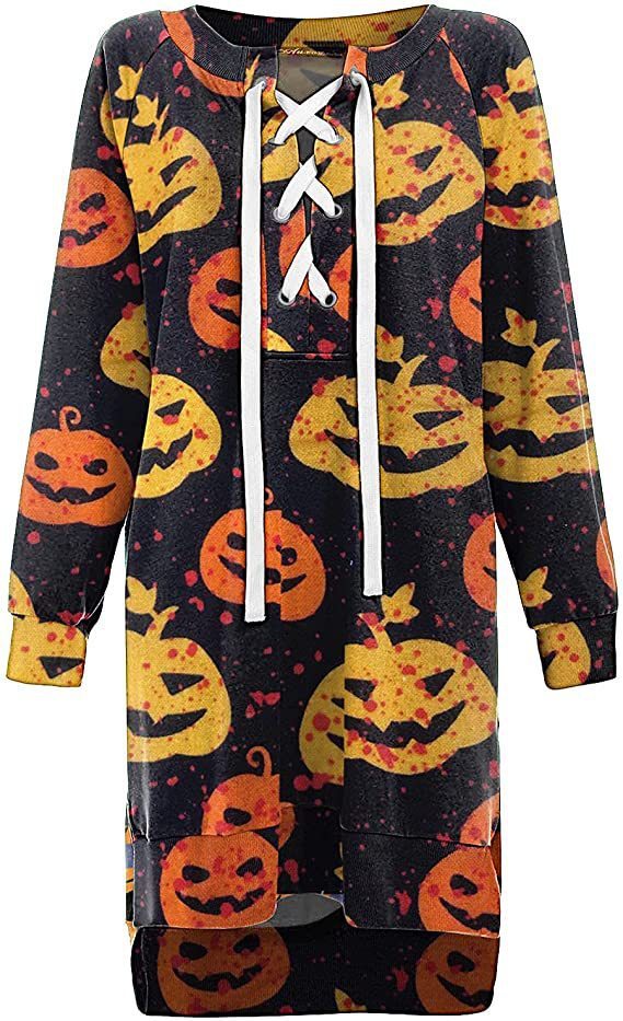 Halloween Print Casual Sport Tie Long Sleeve Loose Mini Party Dress
