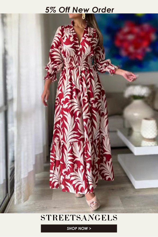 Fashion Floral Print Boho Long Sleeve High Waist Elegant  Maxi Dress