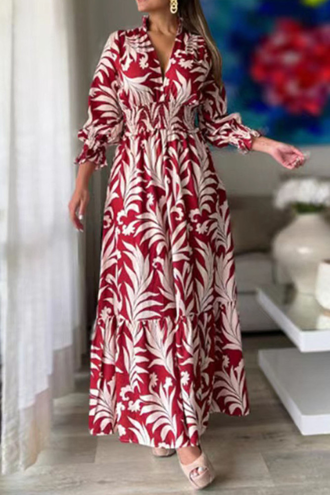 Fashion Floral Print Boho Long Sleeve High Waist Elegant  Maxi Dress