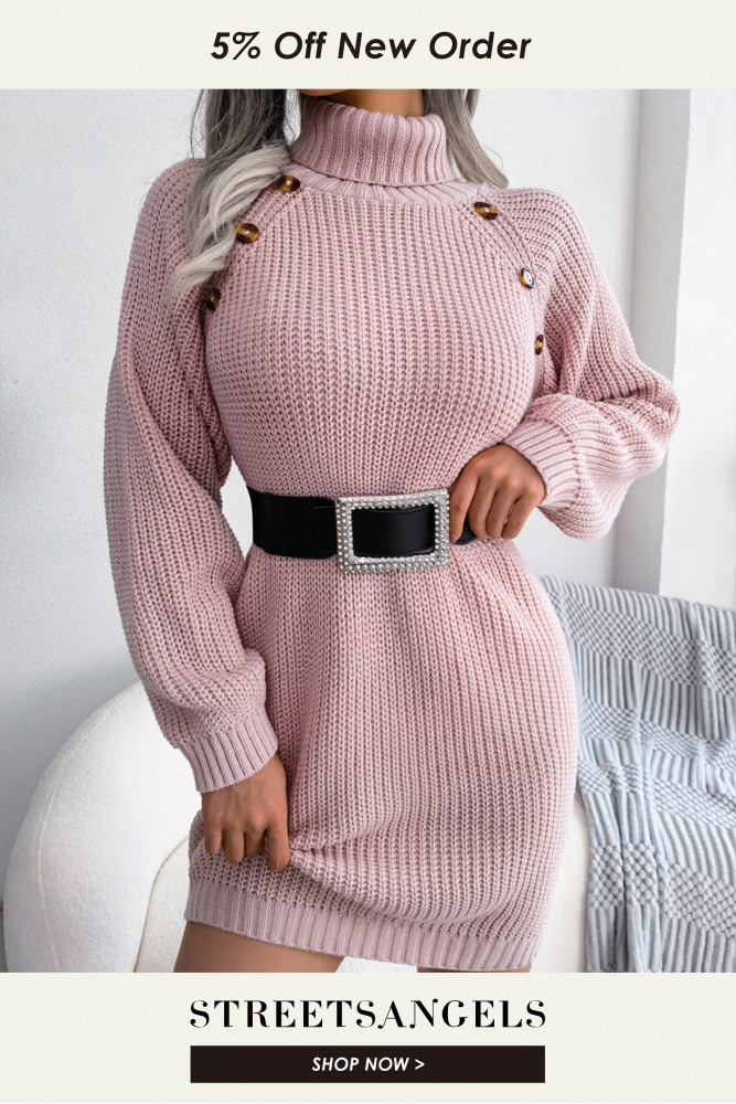 Casual Button High Neck Long Sleeve Base Solid Sweater Dresses