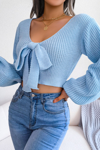 Fashion Bow V-Neck Balloon Sleeves Cropped Navel Sweaters & Cardigans