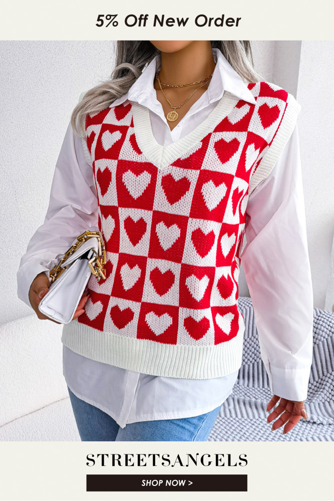 College Style Heart Knit V-Neck Fashion Sweater Vests