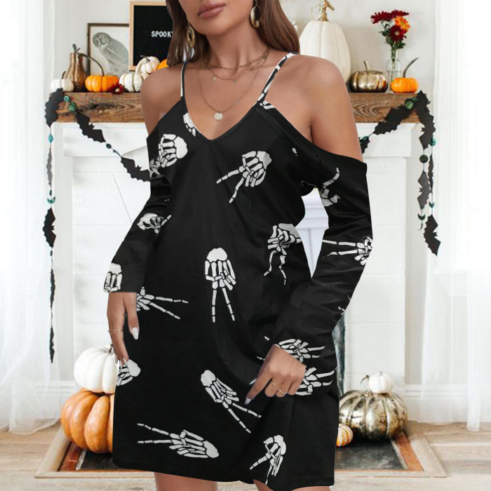 Fashion Casual Comfortable Halloween Print V Neck Casual  Mini Dres