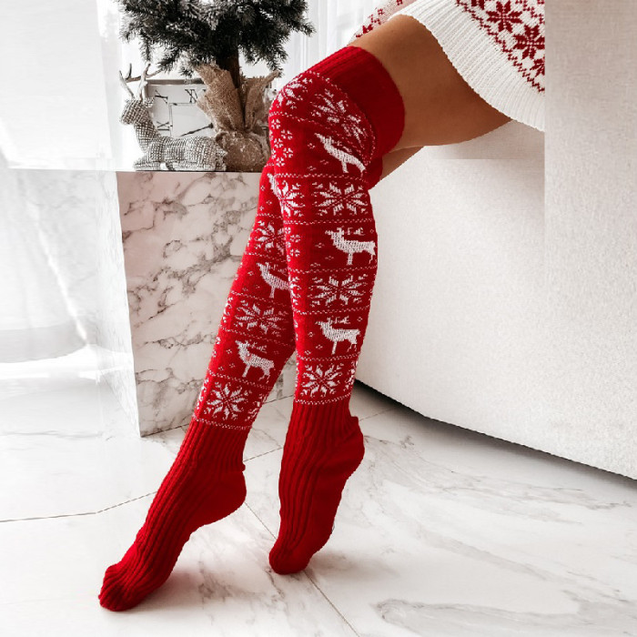 Christmas Snowflake Elk Long Knit Over Knee Socks