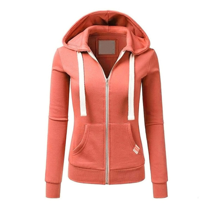 Women's Fashion Long Sleeve Jacket Drawstring Pocket Zipper  Hoodies