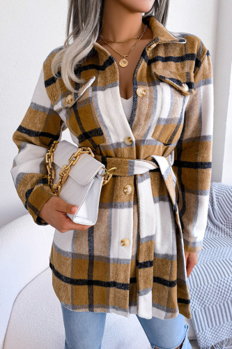 Casual Contrast Color Plaid Long-sleeved Straps Thick Wool Jackets