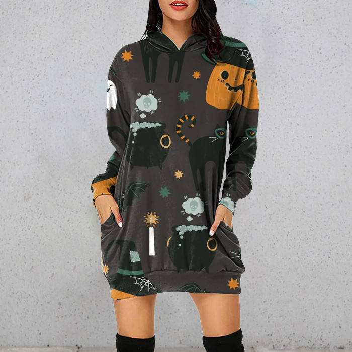 Fashion Women Loose Long Sleeve V Neck Halloween Print Casual Hoodies