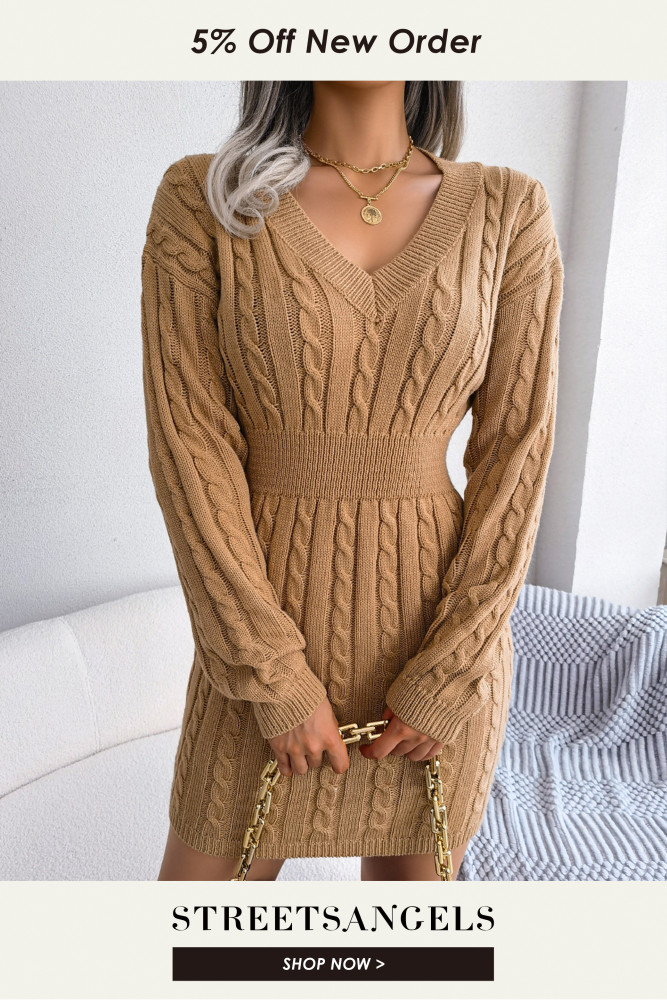 Fashionable Waist Hemp Pattern Solid Color V-Neck Sweater Dresses
