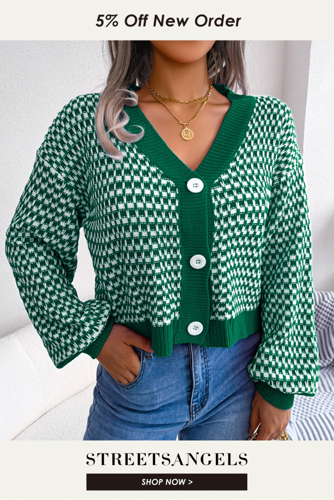 Contrast Plaid Balloon Sleeve V-Neck Single Breasted Sweaters & Cardigans