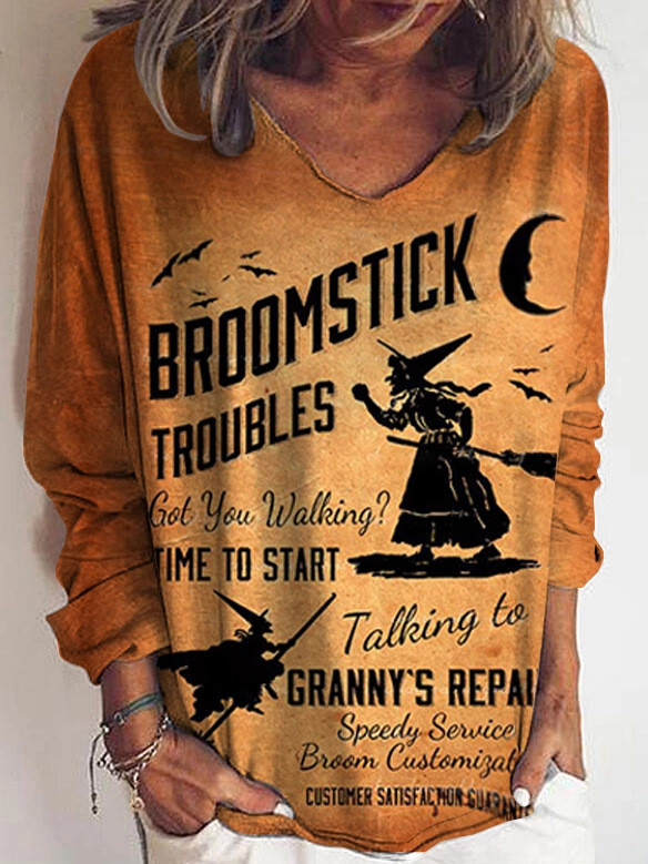 Halloween Print V-Neck Long Sleeve Loose Sweatshirts