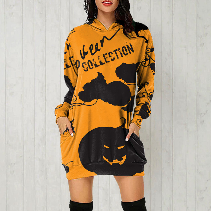 Fashion Loose Long Sleeve V Neck Pocket Halloween Print Casual  Hoodies