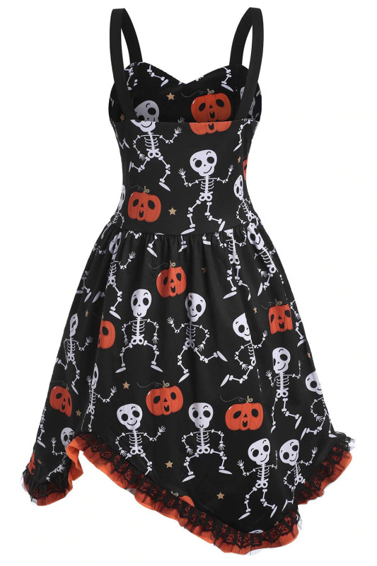 Halloween Pumpkin Skull Print Crew Neck Swing  Vintage Dress