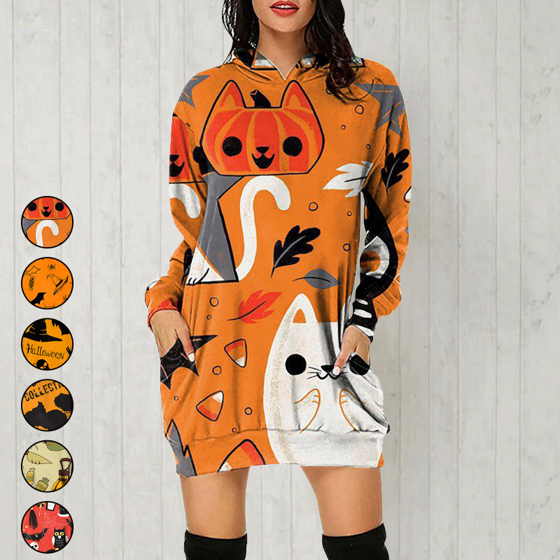 Fashion Loose Long Sleeve V Neck Pocket Halloween Print Casual  Hoodies