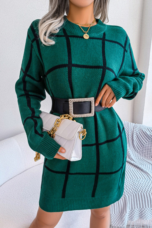 Casual Color Contrast Plaid Long Sleeve Base Fashion Sweater Dresses