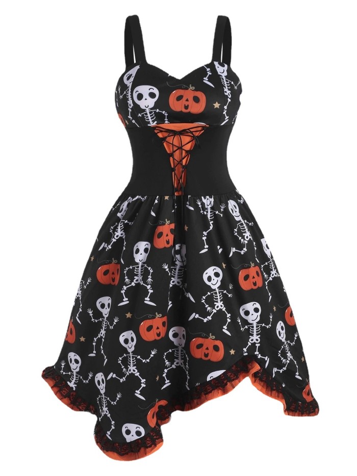 Halloween Pumpkin Skull Print Crew Neck Swing  Vintage Dress