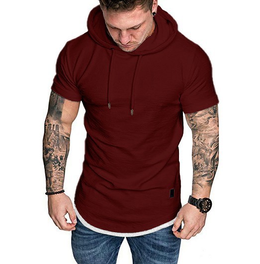 Fashion Hoodie Short Sleeve Men Casual Solid Color Fashion Top